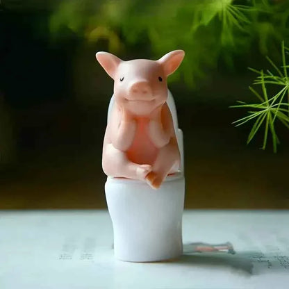 Adorable Pink Pig on Toilet Figurine - Whimsical PVC Decor