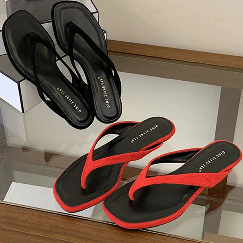 ZAROY Red Women's Flip Flops Summer Slippers Square Clip Toe Thin Low Heels Casual Beach Mules Slides Thongs Sandals Zapatos