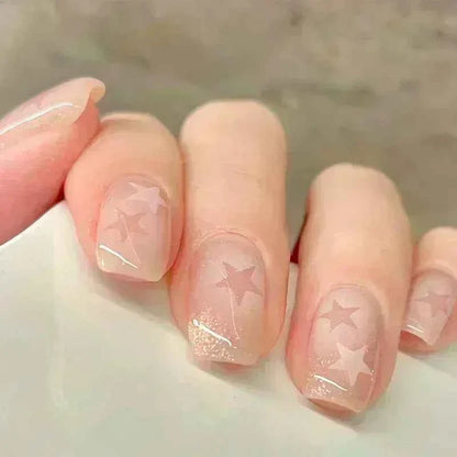 24pc Short Square Coffin Press On Nails - Glitter Diamond Blush Pink Cat Eye