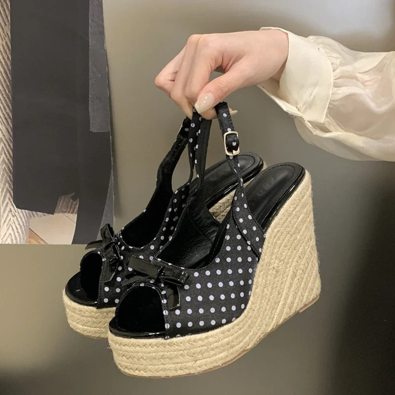 Aneikeh Summer Thick Soled Grass Woven High Heels Casual Retro Roman Sandals Polka Butterfly-kont Wedge Platform Woman Sandals