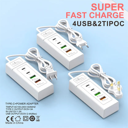 Multi Ports USB C Charger Power Strip PD Type C Fast Charging Wall Charger Socket Quick Charge 3.0 EU/US/UK Plug Power Adapter