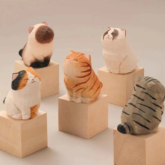 Handcrafted wood carving kitten statue Desk accessories Cat