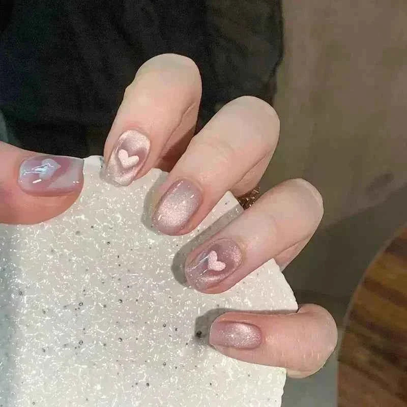 24pc Short Square Coffin Press On Nails - Glitter Diamond Blush Pink Cat Eye