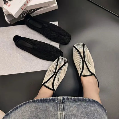 2026 Hollowed-out Mesh Sandals for Women - Summer One-Piece Square-Toe Flat Mary Jane Sandals