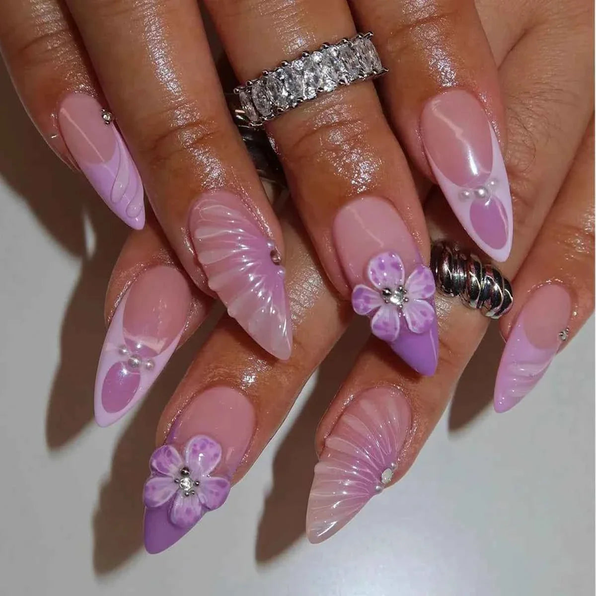 24pc Mid-Length Almond Press On Nails - Blue Smudge Full Cover Set