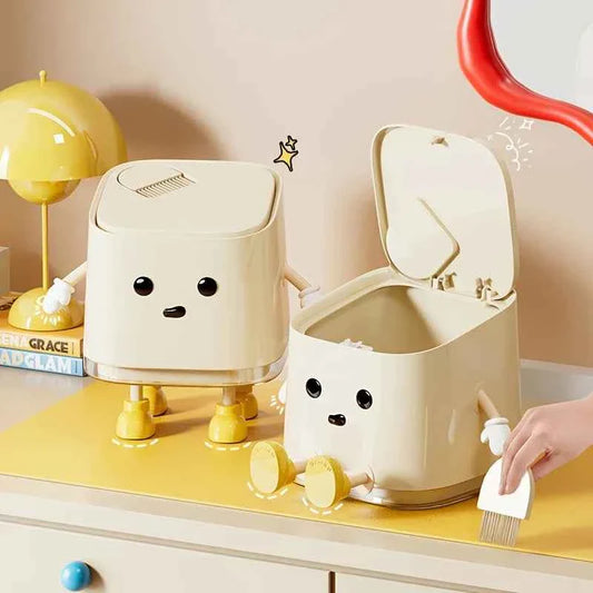 Cute Push-On Mini Trash Can Brush Compact Desktop Can