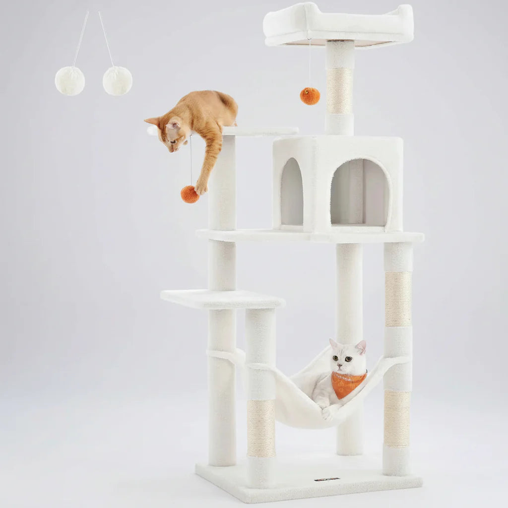 56.3" Multi-Cat Tree Tower Hammock, Condo & Scratching Posts for Indoor Cats