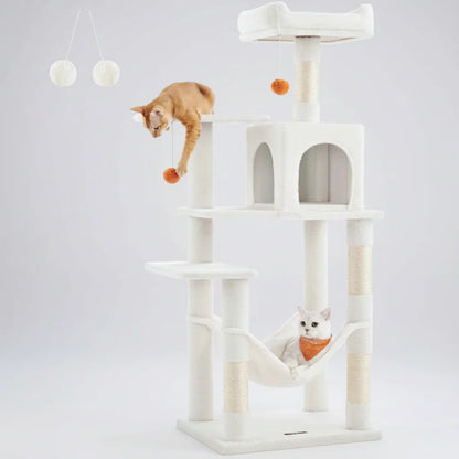 56.3" Multi-Cat Tree Tower Hammock, Condo & Scratching Posts for Indoor Cats