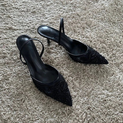 2026 String Bead Mesh Embroider Slingback High Heels Women Sexy Pointed Toe Heeled Sandals Summer Elegant Luxury Designer Shoes