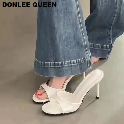2026 Fashion Sexy Thin High Heels Slides Women Open Toe Pumps Slip Sandal Female Slippers Mule Patent Leather Outdoor Flip Flops
