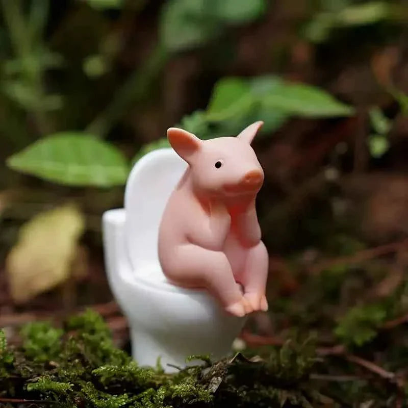 Adorable Pink Pig on Toilet Figurine - Whimsical PVC Decor