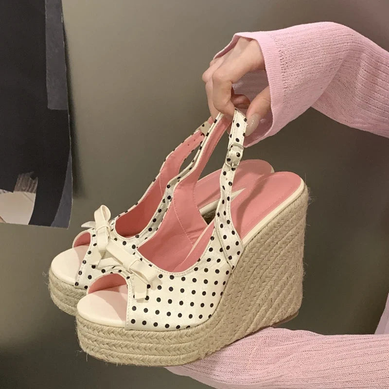 Aneikeh Summer Thick Soled Grass Woven High Heels Casual Retro Roman Sandals Polka Butterfly-kont Wedge Platform Woman Sandals