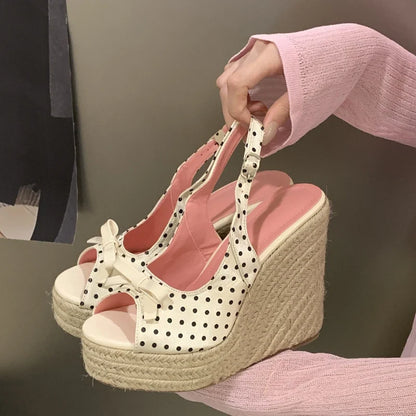 Aneikeh Summer Thick Soled Grass Woven High Heels Casual Retro Roman Sandals Polka Butterfly-kont Wedge Platform Woman Sandals