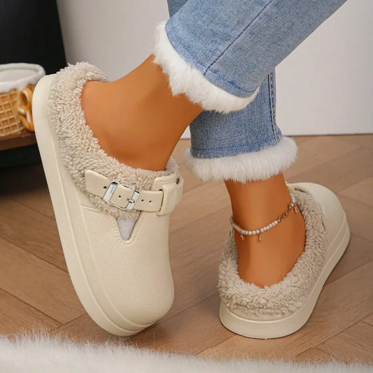 Pantuflas de Mulas de Pelo de Eva Impermeables para Mujer Invierno 2025 Hebilla Metálica Cálidas de Peluche Suave Suela Gruesa Antideslizantes Interiores