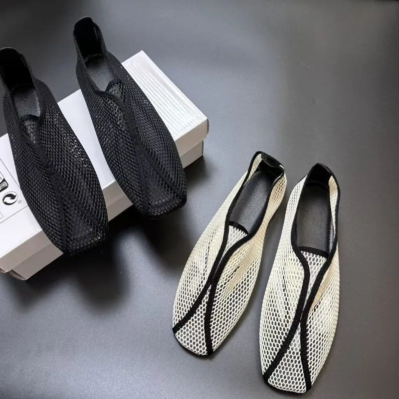 2026 Hollowed-out Mesh Sandals for Women - Summer One-Piece Square-Toe Flat Mary Jane Sandals