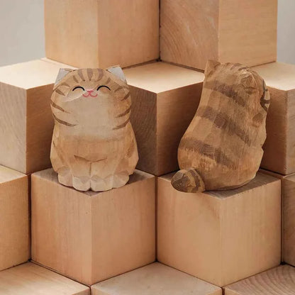 Handcrafted wood carving kitten statue Desk accessories Cat