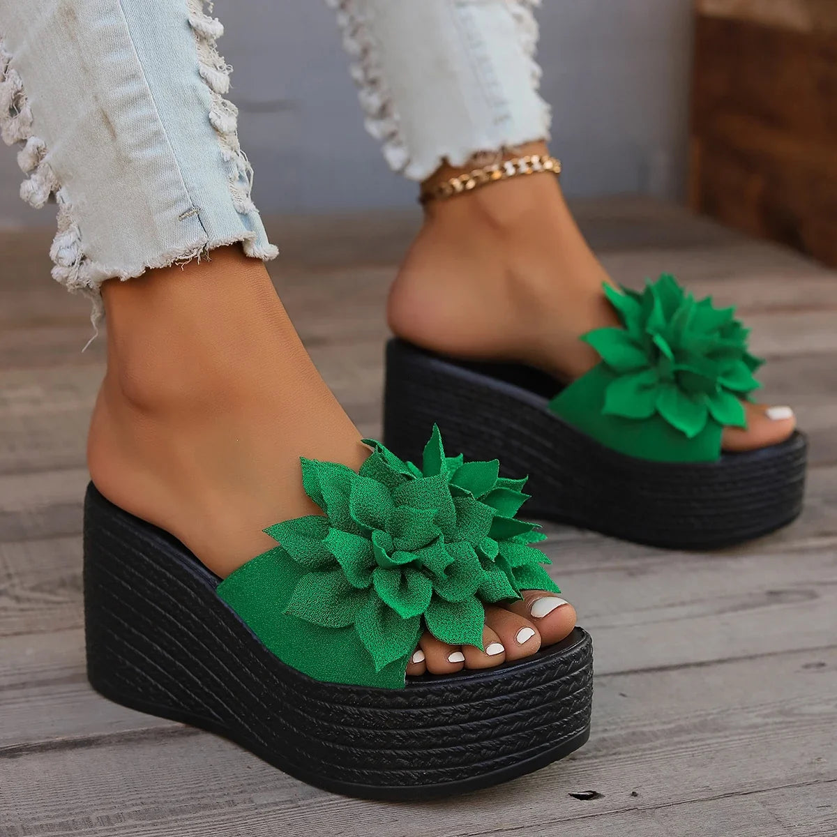 Women Platform Slippers 2024 New Summer Beach Wedges Sandals Fashion Flower Casual Slippers Women High Heel Slippers Women