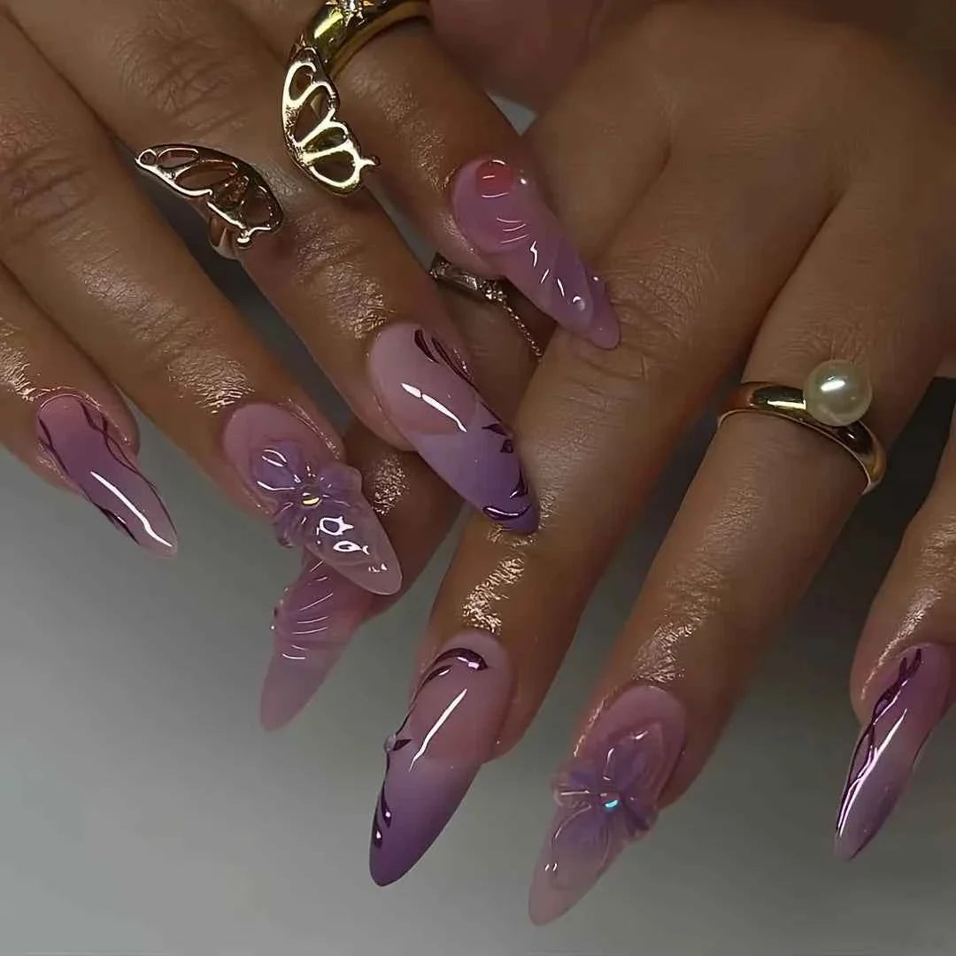24pc Mid-Length Almond Press On Nails - Blue Smudge Full Cover Set