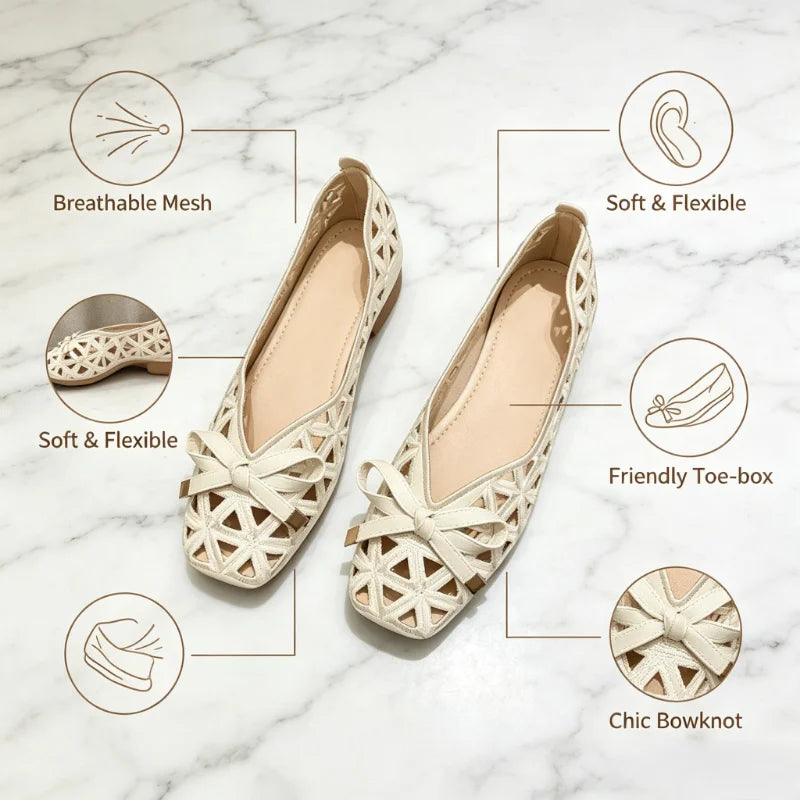 New French Style Bow Flat Sandals Women Geometric Cut-Out Peep-Toe Breathable Summer Beige Shoes for Dresses, Office and Casual