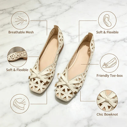 New French Style Bow Flat Sandals Women Geometric Cut-Out Peep-Toe Breathable Summer Beige Shoes for Dresses, Office and Casual