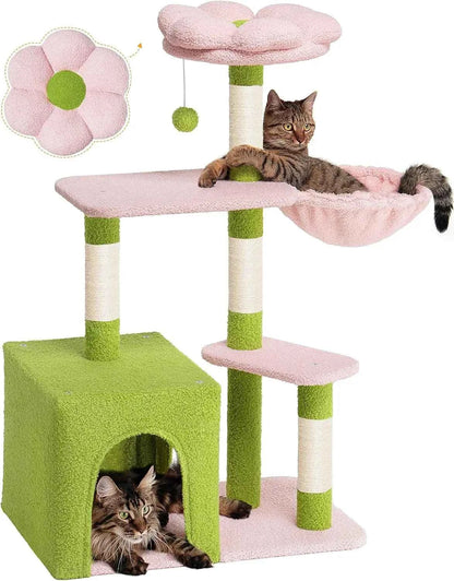 Large Cat Tree with 2-Door Condo – Scratching Posts, Floral Perch & Hammock for Adult Cats (Green/Pink)