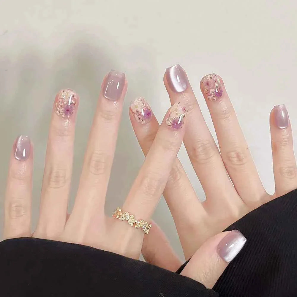 24pc Short Square Coffin Press On Nails - Glitter Diamond Blush Pink Cat Eye