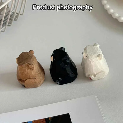 Hand Carved Wooden Bear Figurine Statue Set Black Brown