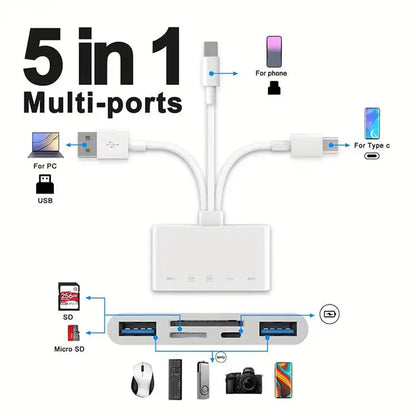 Three-wire 5-in-1 card reader, multi-function OTG converter, high-speed transmission, compatible with Iphone/Android/ipad