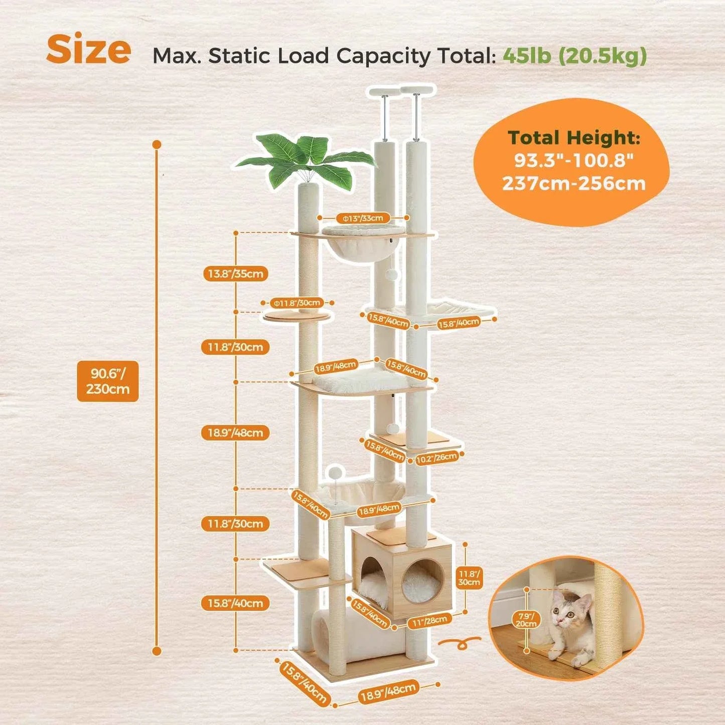 Floor to Ceiling Cat Tree – Adjustable Wooden Tower with Hammock & Sisal Scratching Posts