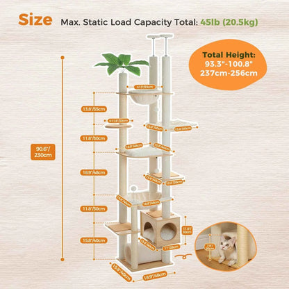 Floor to Ceiling Cat Tree – Adjustable Wooden Tower with Hammock & Sisal Scratching Posts