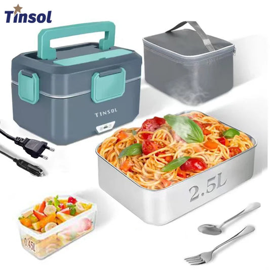 TINSOL Nueva fiambrera eléctrica con calefacción de 3,5 L, sin necesidad de rellenar agua, para coche y trabajo, calentador de comida de 90 W, calentamiento rápido