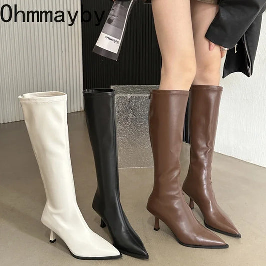 Botas altas de piel suave con punta fina, tacón alto, cremallera, estilo bomba para mujer, botas largas elásticas modernas para damas