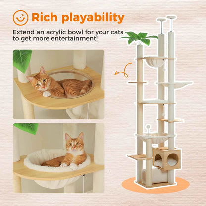 Floor to Ceiling Cat Tree – Adjustable Wooden Tower with Hammock & Sisal Scratching Posts