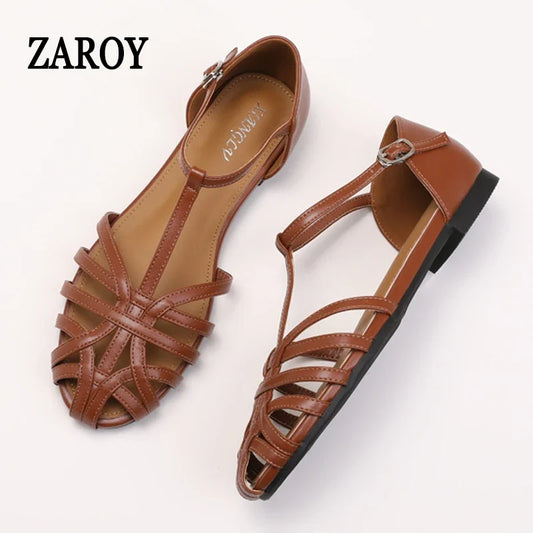ZAROY Sandalias Planas de Verano con Tiras Cruzadas para Mujer, Punta Redonda, Hebilla en el Tobillo, Huecas, Casuales Romanas Sandalia Zapatos De Mujer сандали