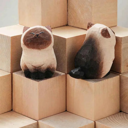 Handcrafted wood carving kitten statue Desk accessories Cat