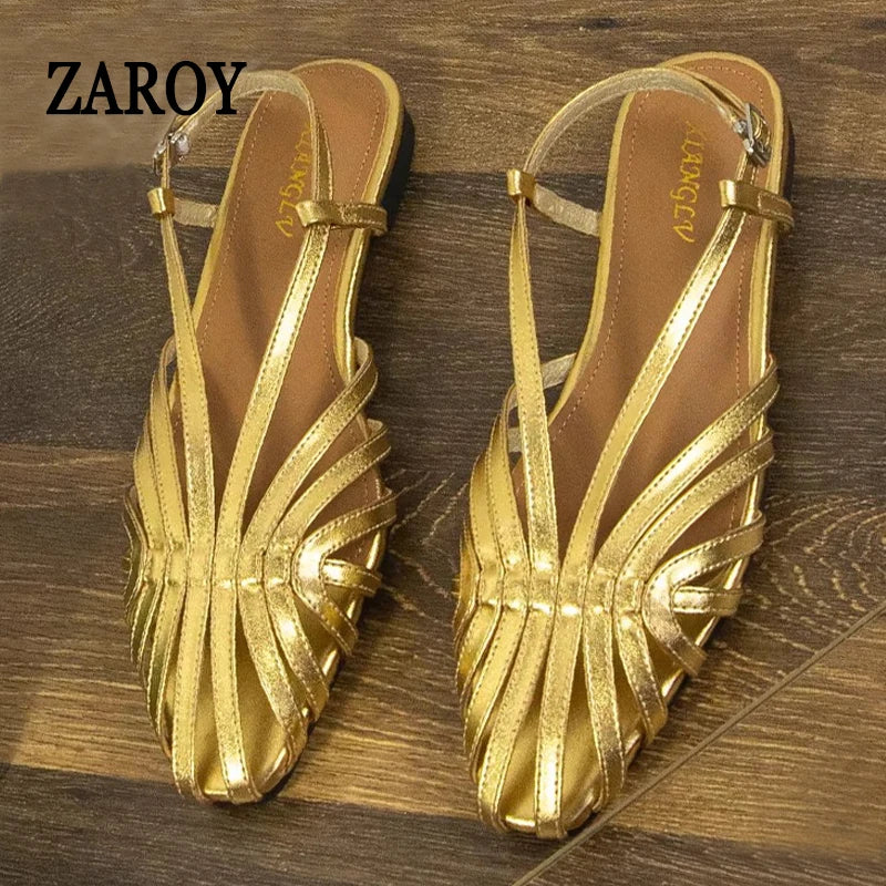 ZAROY Narrow Band Women Flat Sandals Large Size Designer Brand Banquet Wedding Shoes Summer Hollow Beach Gladiator Sandalias
