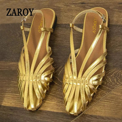 ZAROY Narrow Band Women Flat Sandals Large Size Designer Brand Banquet Wedding Shoes Summer Hollow Beach Gladiator Sandalias