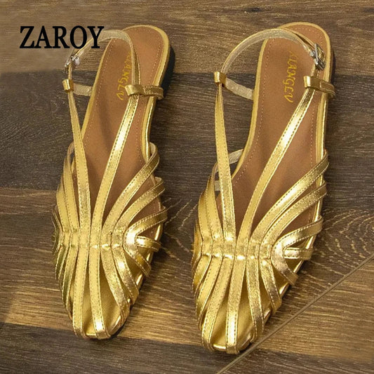 ZAROY Sandalias Planas de Mujer de Banda Estrecha Talla Grande Diseñador de Marca Banquete Zapatos de Boda Verano Hueco Playa Gladiador Sandalias