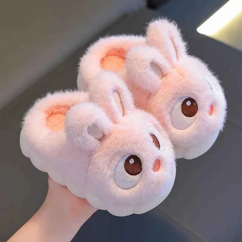 Kids Big-Eyed Rabbit Slippers – Cute Waterproof Warm Plush Indoor Shoes for Boys & Girls