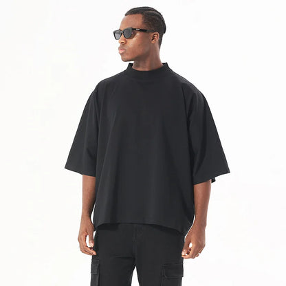 300GSM Heavyweight Cotton Boxy Cropped Tee | Slim Neck Streetwear T-Shirt Hip Hop Men's Short Wide Distressed Shirt