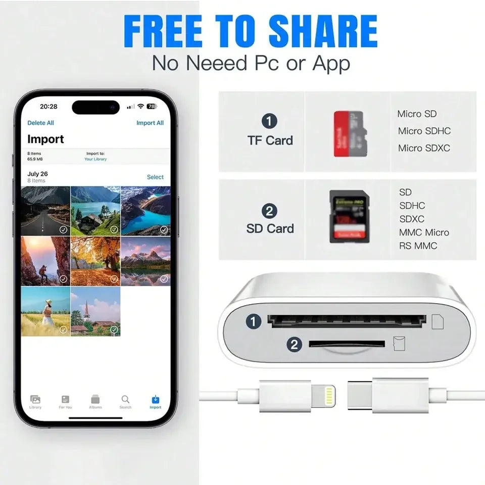 Lightning Type 2 In 1 OTG Card Reader to SD TF Memory Card Adapter For PC Laptop iPhone Multi Smart Cardreader No APP Requires