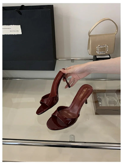 2026 Fashion Sexy Thin High Heels Slides Women Open Toe Pumps Slip Sandal Female Slippers Mule Patent Leather Outdoor Flip Flops