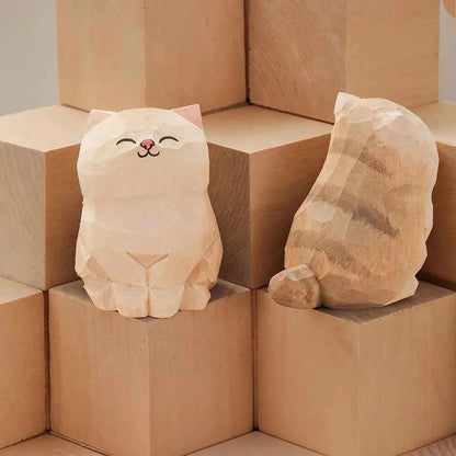 Handcrafted wood carving kitten statue Desk accessories Cat