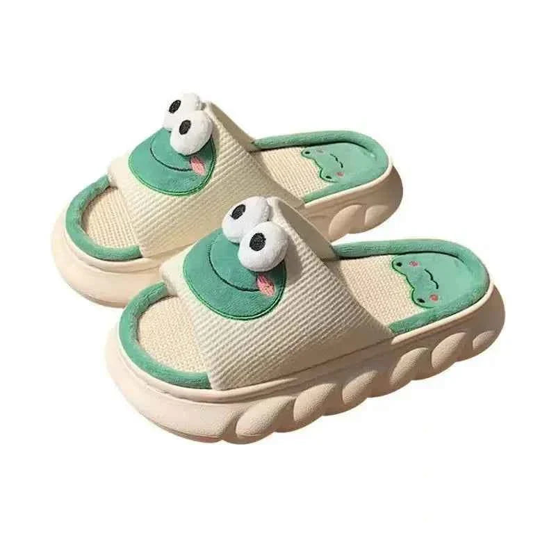 Frog Linen Slippers – Warm Indoor Home Slides with Thick Sole Anti-Slip for Women & Couples