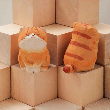 Handcrafted wood carving kitten statue Desk accessories Cat