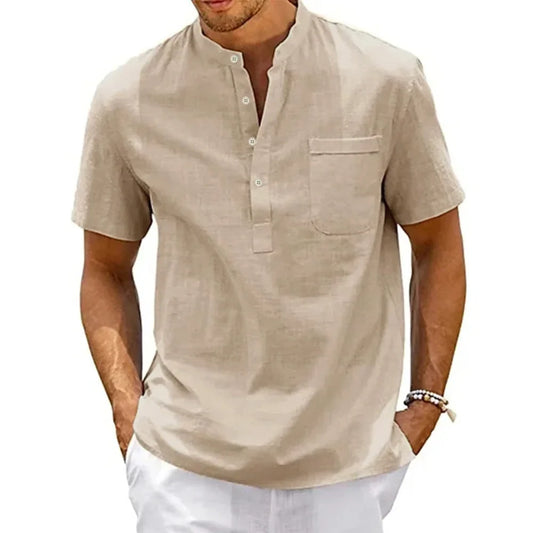 Camisa de lino de algodón para hombre, cuello Henley, bolsillo, informal, playa, manga corta, color liso, tops masculinos, camisetas, ropa de calle vintage