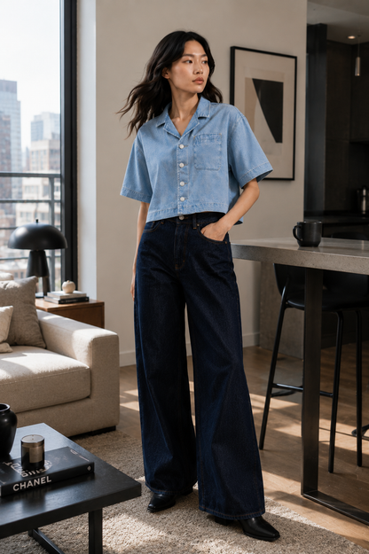 Vintage Wash Boxy Cropped Lyocell Shirt for Women