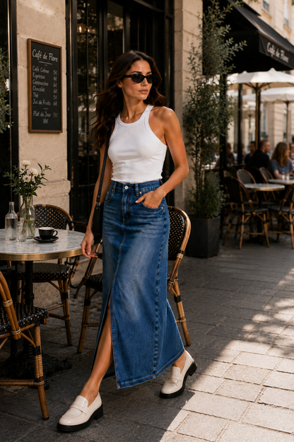 Vintage Wash Denim Midi Skirt for Women