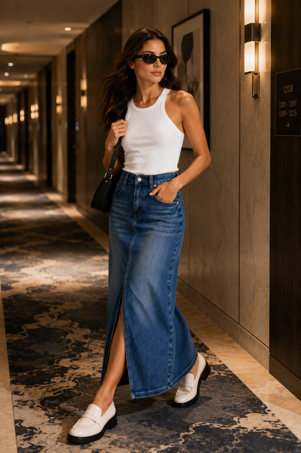 Vintage Wash Denim Midi Skirt for Women