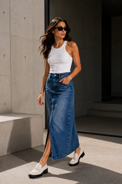 Vintage Wash Denim Midi Skirt for Women